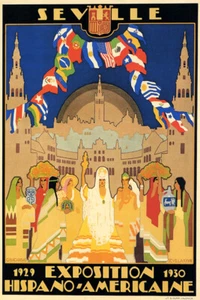 1929 SPAIN SEVILLE  EXPOSITION HISPANO AMERICAINE FLAGS VINTAGE POSTER REPRO - Picture 1 of 3