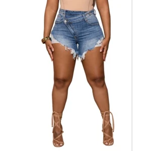 Womens High Waisted Crossover Jean Shorts Ripped Raw Hem Summer Hot Denim Shorts - Picture 1 of 10