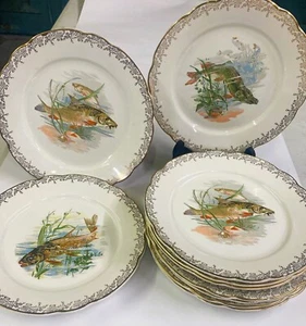 Vintage Real Opalor Fish Plates Set of 10 - 3 Designs Earthenware Gold rim - Picture 1 of 5