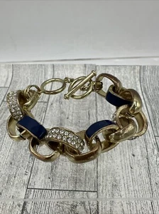 Chain Bracelet Toggle Link Blue Enamel Rhinestone Chunky Fashion Jewelry Retro - Picture 1 of 4