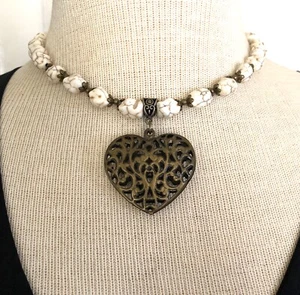Filigree Hollow Heart & White Turquoise Necklace Artisan handmade USA 1710 - Picture 1 of 4