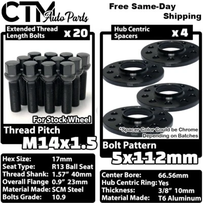 4x 10mm Grueso 5x112 66.56mm CB Espaciador de Rueda Perno Negro Audi & Macan Stock Ruedas Foto 1 de 4