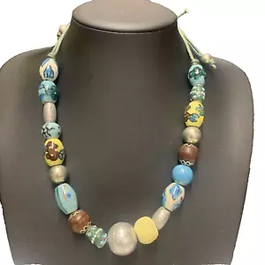 beautiful Bohemian Silver Blue Green Ceramic, Wood Beaded Necklace Adjustable - Picture 1 of 8