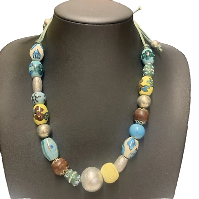 beautiful Bohemian Silver Blue Green Ceramic, Wood Beaded Necklace Adjustable - Image 1 of 4
