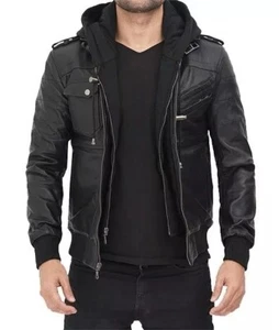 Chaqueta de cuero genuino con capucha y cremallera envejecida para hombre calce ajustado abrigo de motociclista - Imagen 1 de 9