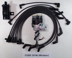 FORD 351W WINDSOR BLACK Small HEI Distributor +BLACK 45K COIL + SPARK PLUG WIRES - Picture 1 of 1