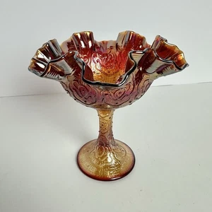Fenton Persian Medallion Red Amberina Carnival Glass Ruffled Pedestal Compote - Picture 1 of 8