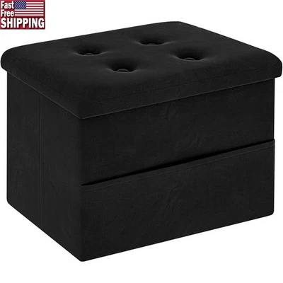 Small Storage Velvet Ottoman W/ Storage & Side Pocket Foldable Footstool Chair - Image 1 of 4