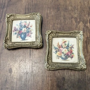 Vintage verzierte Gold Jugendstil gerahmte verzierte Gold Blumendrucke Wandgalerie 4”x4” - Bild 1 von 6