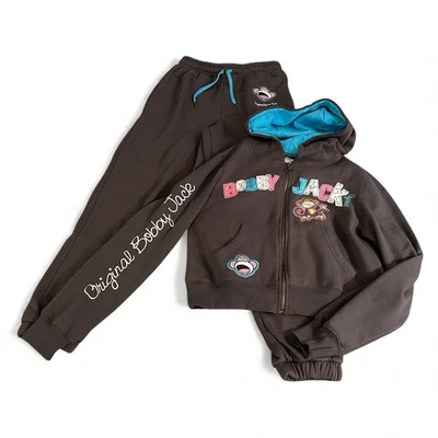 Calça de moletom com capuz BOBBY JACK M cinza marrom azul remendos com zíper R$95 - Imagem 1 de 4