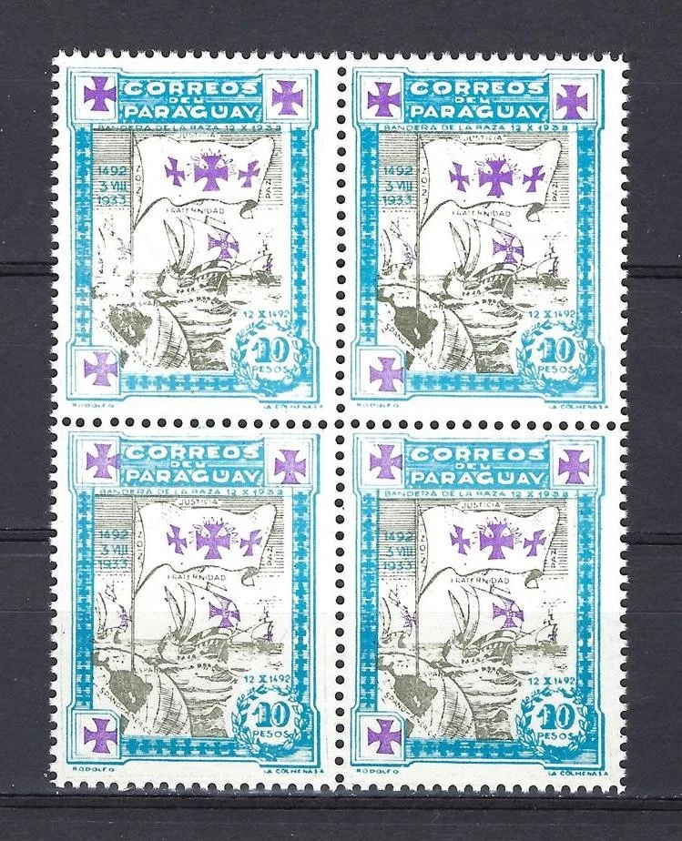 Paraguay 1933 Sc# 330 Colón Carabelas Tres Cruces Bandera Bloque 4 MNH Foto 1 de 1