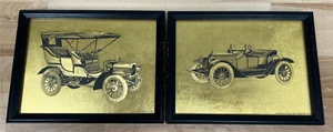 Set Of 2 Vintage Gold Foil Car Prints - Buick Model C 1905 & Chevy Roadster 1914 - Picture 1 of 8