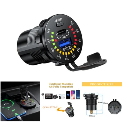 Car Truck USB Socket QC 3.0 + PD TYPE-C USB Charger LED Voltage Meter Waterproof - Image 1 of 4