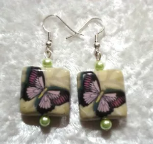 Handcrafted Artisan Decoupage BUTTERFLY Earrings w/ Glass Pearl Accents - Picture 1 of 1