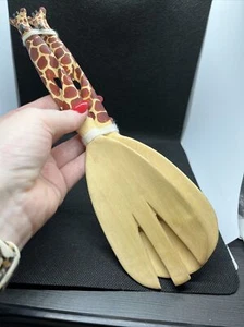 NEW Hand Carved Wooden African Giraffe Salad Tosser  Set Wood Fork + Spoon - Picture 1 of 6