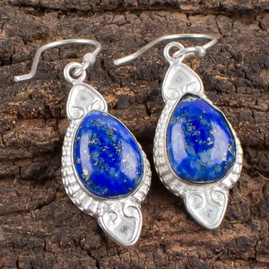 Natural Lapis Lazuli Blue Gemstone Earrings 925 Sterling Silver Jewelry Gift  AC - Picture 1 of 10