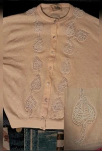 1950s? DALTON 100% Cashmere Beaded Sweater Creamy Yellow Pearlized Buttons ISSUE - Picture 1 of 24
