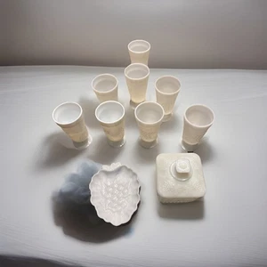 Vintage Anchor Hocking Milk Glass Set 10Glasses Candy Dish And Tray Grapevine - Picture 1 of 5