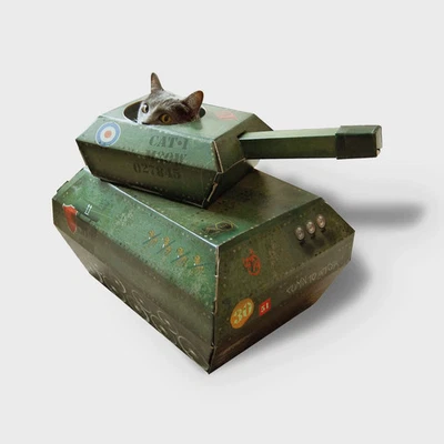 Cat Cardboard Tank Playhouse with Movable Turret & Cannon – Fun Pet Activity Toy - Image 1 of 4