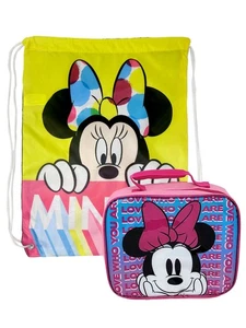 Minnie Mouse Insulated Lunch Bag Pink w/ Yellow Disney Drawstring Sling Bag Set - Picture 1 of 9