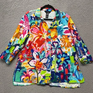 Ali Miles Top Womens L Colorful Floral Art To Wear Flowers 3/4 Sleeve Button Up - Picture 1 of 10