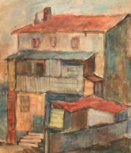 Antigua acuarela pintura paisaje casa - Imagen 1 de 11