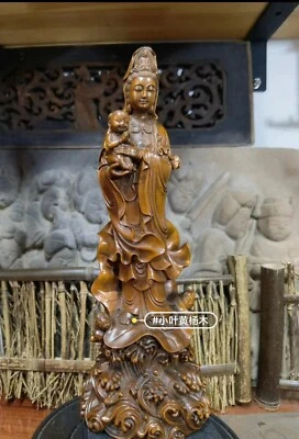 10" Collect China Box-Wood Hand Carving “送子观音” Kwan-yin Statue - Image 1 of 4
