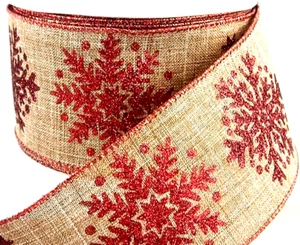 Red Glittered Snowflakes 2.5" by 5 yd Natural Wired Ribbon Christmas Winter Bows - Picture 1 of 3
