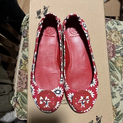 Tory Burch 米妮旅行芭蕾平底鞋红色白色花卉皮革 尺寸 7m — 第 1/4 张图片