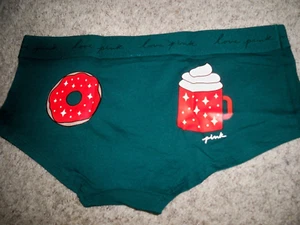 VICTORIAS SECRET BOYSHORT HOLIDAY DOUGHNUT AND COCOA COFFEE GREEN LARGE NEW - Picture 1 of 3