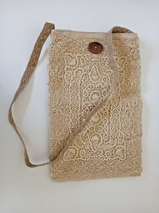 Bolso de Mano Mujer Boho Abierto Medio Ligero Crudo con Paneles de Encaje Hecho a Mano - Imagen 1 de 5