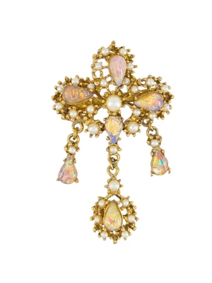 Broche colgante vintage inspirado en el renacimiento imitación ópalo y perla tono dorado ~ 2 pulgadas Foto 1 de 4