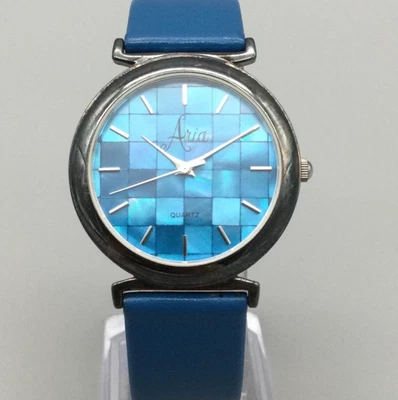 Reloj Aria Mujer 34mm Esfera Azul Estuche Plata Esterlina Correa Cuero Batería Nueva Foto 1 de 4