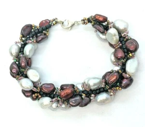 Sterling Silver closure Wine Red Burgundy White Peal Bead Bracelet 6 3/4" Long - Picture 1 of 6