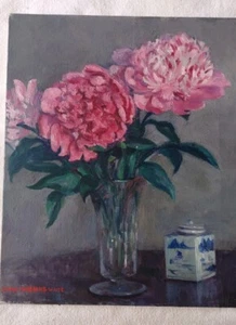 Emily Burling Waite Unframed Stretched Still Life Oil On Canvas, Peonies 17 x 14 - Picture 1 of 8