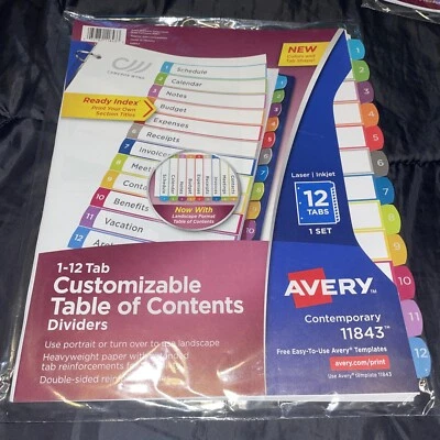 Avery 11843 Customizable Table of Contents Dividers 12 Tabs Multicolor 1 Set NEW - Image 1 of 3