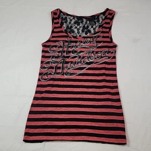 HARLEY DAVIDSON rosa/schwarz gestreiftes ärmelloses Tanktop mit Spitze hinten Größe Small - Bild 1 von 11