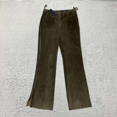 Kenneth Cole Suede Pants Womens 6 Brown Leather Flare Bootcut Split Trousers - Image 1 of 4