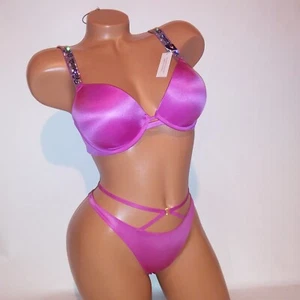 Victoria Secret Conjunto Sujetador 32D Push Up XS Tanga Panty Rosa Brillo Correa Logo Tirantes - Imagen 1 de 11