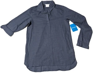 Columbia Fern Fiats Popover Tunic Roll Tab Sleeve Blue Cotton Shirt Women XS NEW - Picture 1 of 19