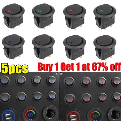 5X 12V LED Rocker Switch Light Round Black ON/OFF Switch for Car Van Dash Boat - Image 1 of 4