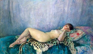 Henri Lebasque "Nu ? la Peau de L?opard" Blue Artwork PAPER or CANVAS Fine Art - Picture 1 of 4