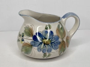 Vtg Hand Painted Small Pitcher Made in Portugal Blue Floral 4.5" Tall Tiny Chip - Picture 1 of 10