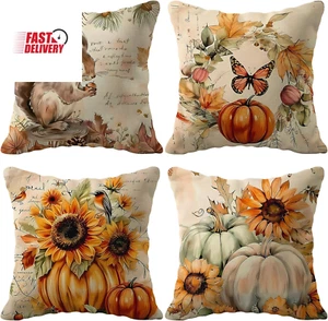 Fall Pillow Covers 18X18 Inch Set of 4 Pumpkin Sunflower Autumn Harvest Throw Pi - Picture 1 of 12
