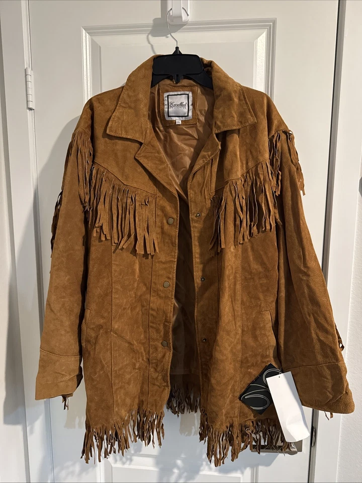 Abrigo occidental vintage de cuero excelente para mujer con flecos talla 3XL marrón Foto 1 de 4