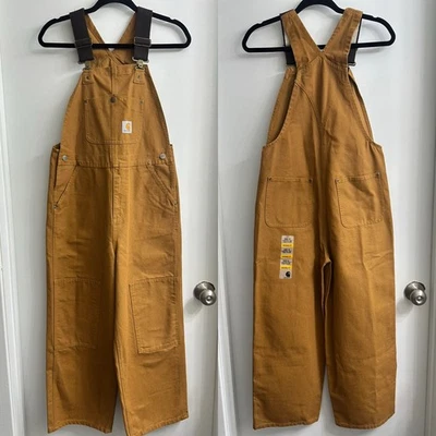 CARHARTT NEW Youth Size 12 Duck Bib Overalls Double-Knee Canvas Brown - Image 1 of 4