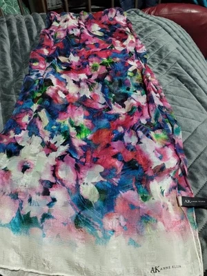 AK Anne Klein 100% Silk ULTRA SHEER Scarf 60”Rectangle Floral Red Pink BluWhite  - Image 1 of 4