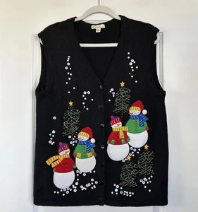 Maglione Kim Rogers donna brutto Natale gilet L pupazzo di neve vacanza nero nonna vintage - Foto 1 di 9