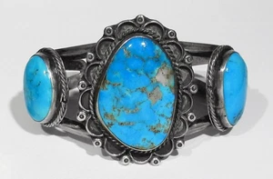 GROSSES Vintage signiertes Navajo 925 Silber NATÜRLICHES Kingman Türkis Armreif Armband 7 Zoll - Bild 1 von 7