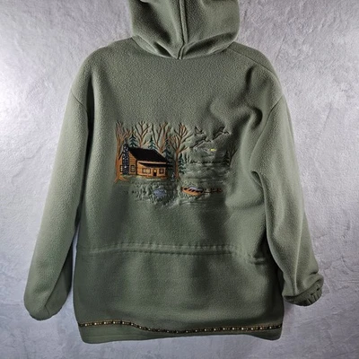 Cabelas Fleece Jacket Womens Sz XL Green Embroidered Geese log Cabin Cozy  - Image 1 of 4